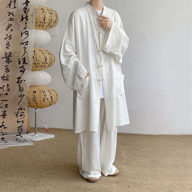 Nimara Ritual 2Pcs Men's Long Sleeve Frog-Button Shirt Pants Meditation Zen Cotton Clothing Set
