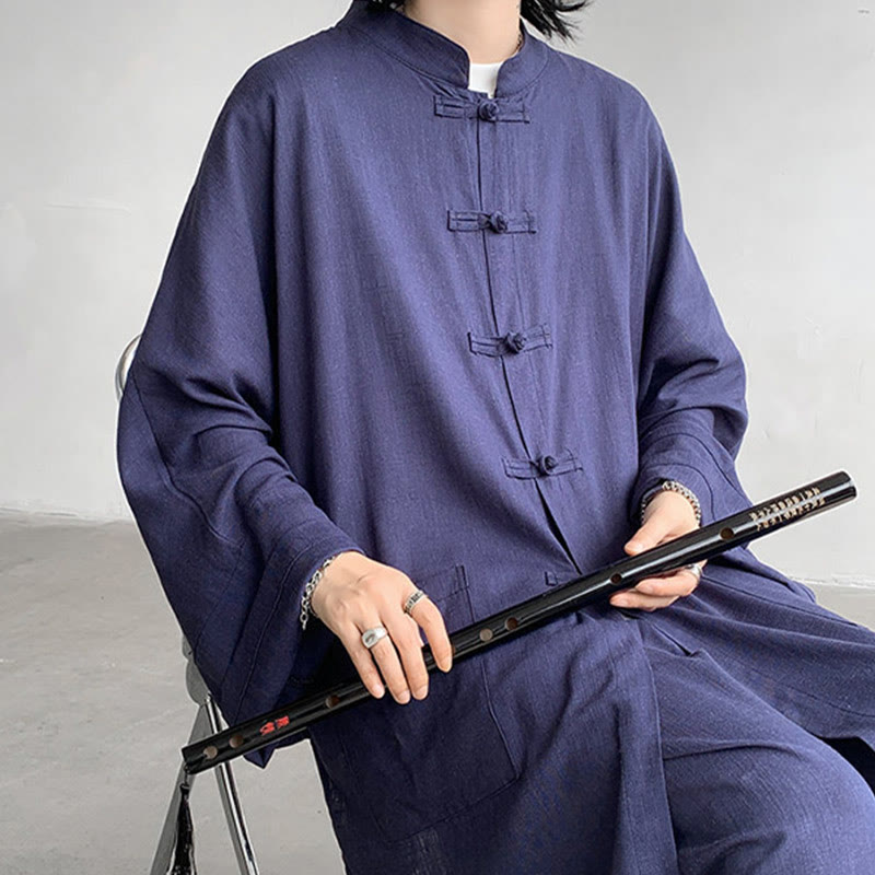 Nimara Ritual 2Pcs Men's Long Sleeve Frog-Button Shirt Pants Meditation Zen Cotton Clothing Set