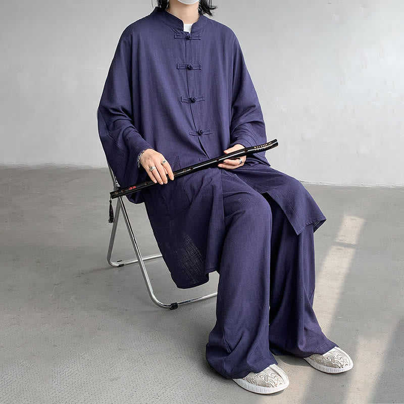 Nimara Ritual 2Pcs Men's Long Sleeve Frog-Button Shirt Pants Meditation Zen Cotton Clothing Set