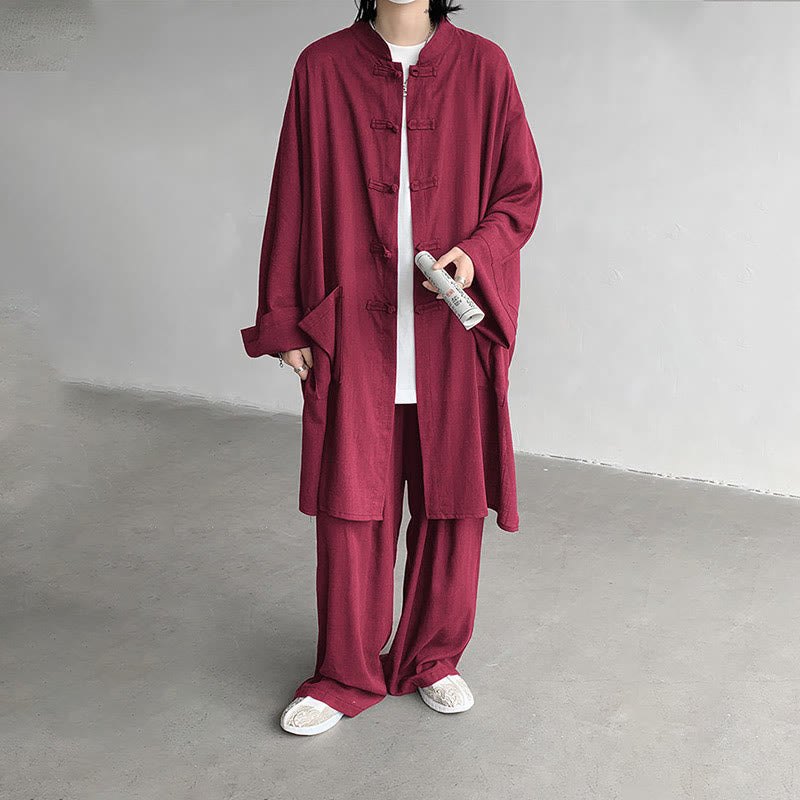 Nimara Ritual 2Pcs Men's Long Sleeve Frog-Button Shirt Pants Meditation Zen Cotton Clothing Set