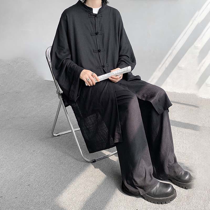 Nimara Ritual 2Pcs Men's Long Sleeve Frog-Button Shirt Pants Meditation Zen Cotton Clothing Set
