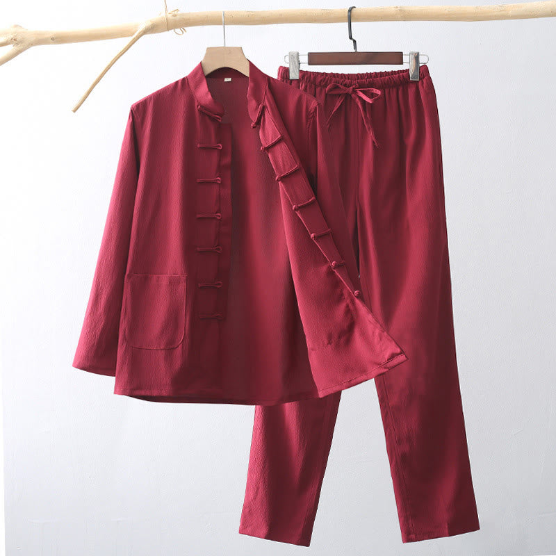 Nimara Ritual 2Pcs Tang Suit Traditional Frog-Button Men's Long Sleeve Shirt Pants Clothing Set