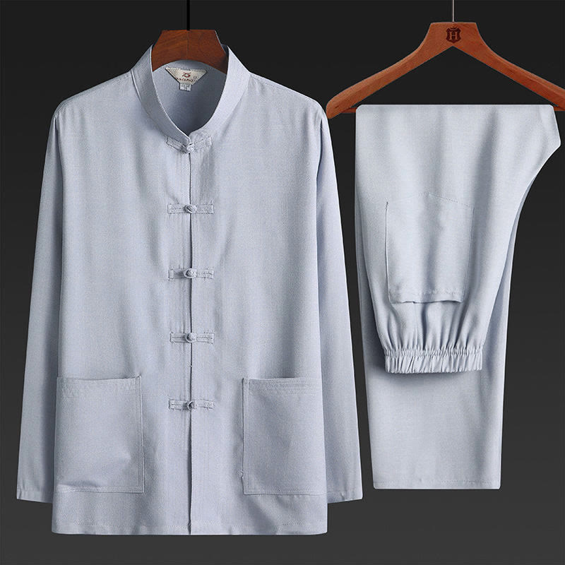 Nimara Ritual 2Pcs Tang Suit Plain Color Frog-Button Men's Long Sleeve Shirt Pants Set