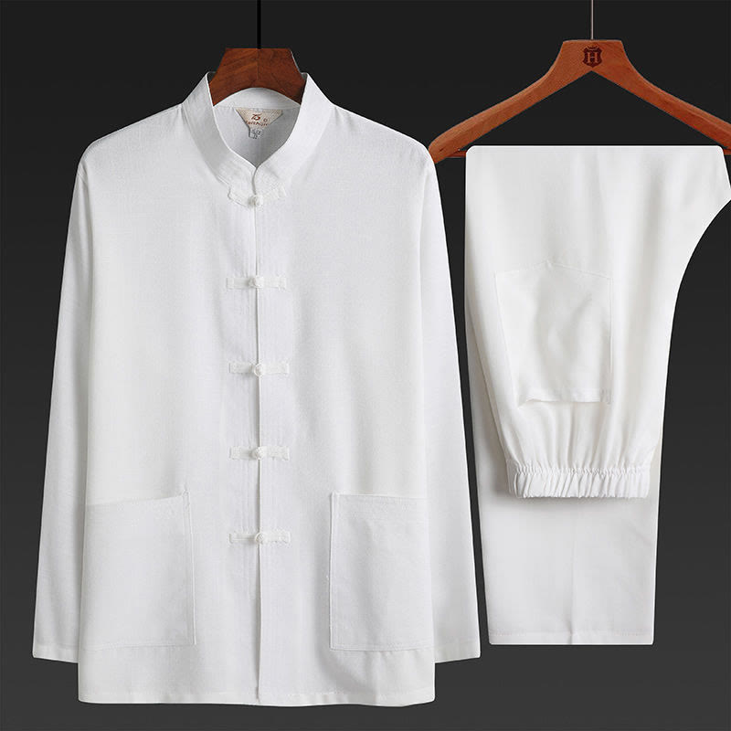 Nimara Ritual 2Pcs Tang Suit Plain Color Frog-Button Men's Long Sleeve Shirt Pants Set