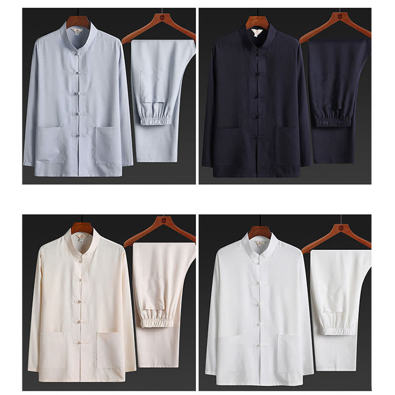 Nimara Ritual 2Pcs Tang Suit Plain Color Frog-Button Men's Long Sleeve Shirt Pants Set