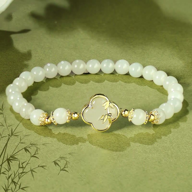 Nimara Ritual Hetian Jade 925 Sterling Silver Four Leaf Clover Bamboo Luck Bracelet