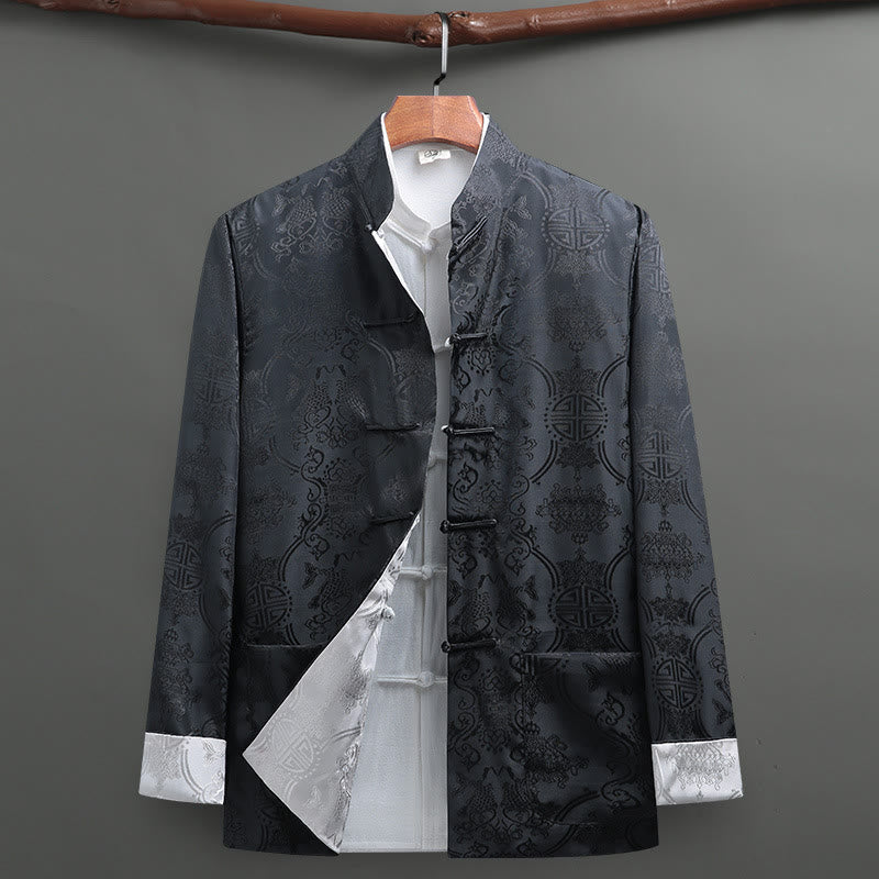 Nimara Ritual Men's Frog-Button Tang Suit Koi Fish Pattern Long Sleeve Shirt With Pockets