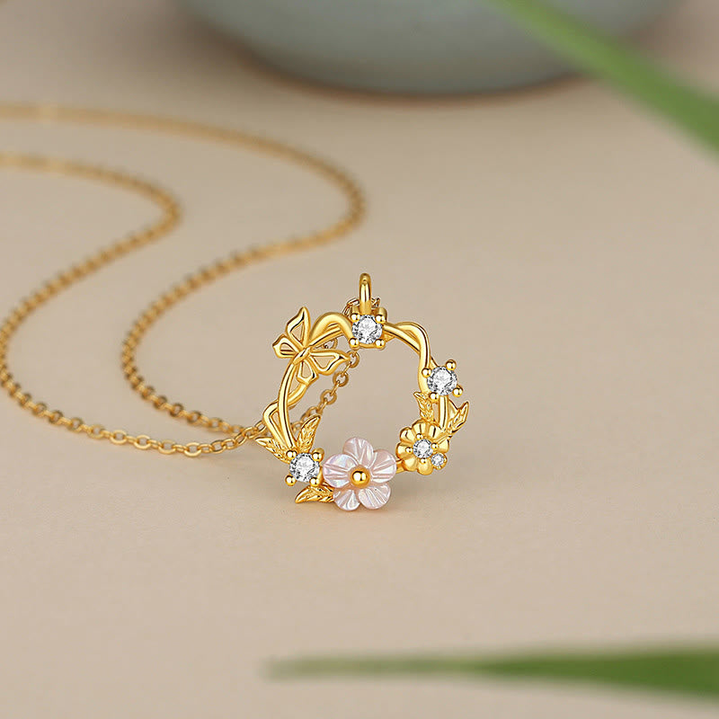 Nimara Ritual 925 Sterling Silver Cubic Zirconia Shell Butterfly Peach Blossom Blessing Necklace Pendant