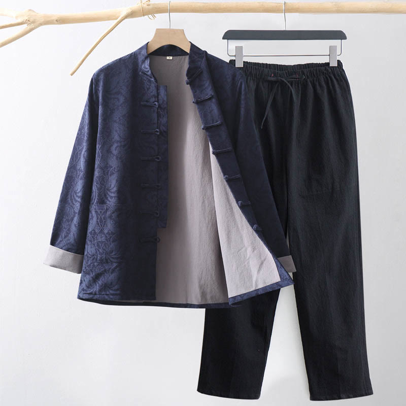 Nimara Ritual 2Pcs Men's Tang Suit Jacquard Vine Pattern Frog-Button Cotton Long Sleeve Shirt Pants Set