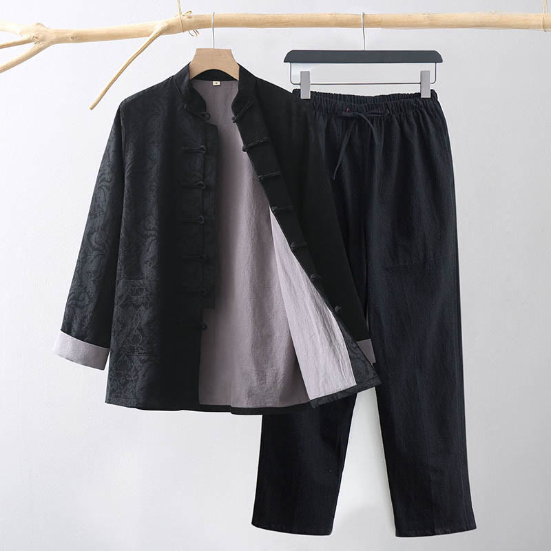 Nimara Ritual 2Pcs Men's Tang Suit Jacquard Vine Pattern Frog-Button Cotton Long Sleeve Shirt Pants Set