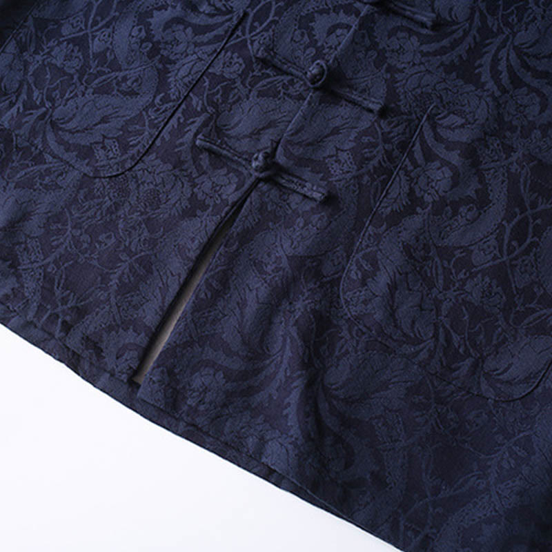 Nimara Ritual 2Pcs Men's Tang Suit Jacquard Vine Pattern Frog-Button Cotton Long Sleeve Shirt Pants Set