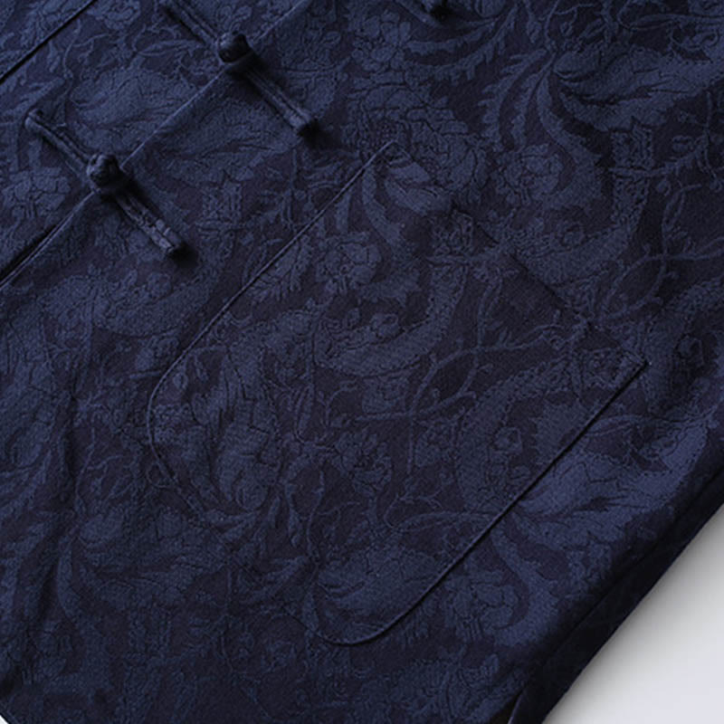 Nimara Ritual 2Pcs Men's Tang Suit Jacquard Vine Pattern Frog-Button Cotton Long Sleeve Shirt Pants Set