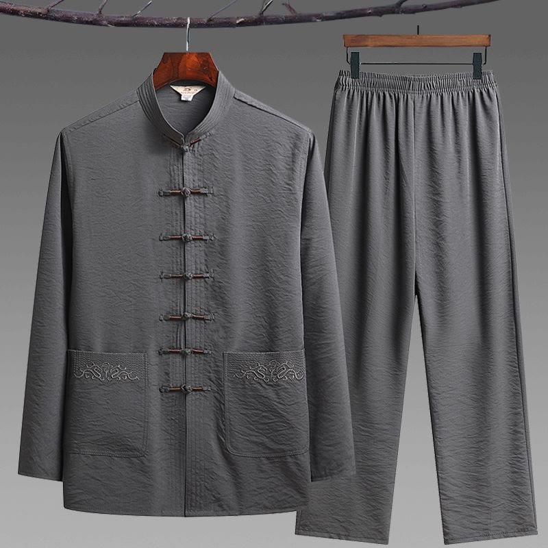 Nimara Ritual 2Pcs Plain Tang Suit Men's Frog-Button Long Sleeve Shirt Pants Set