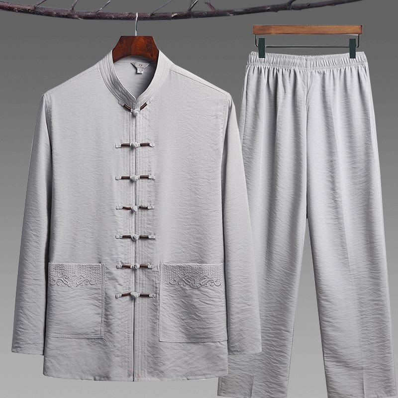 Nimara Ritual 2Pcs Plain Tang Suit Men's Frog-Button Long Sleeve Shirt Pants Set