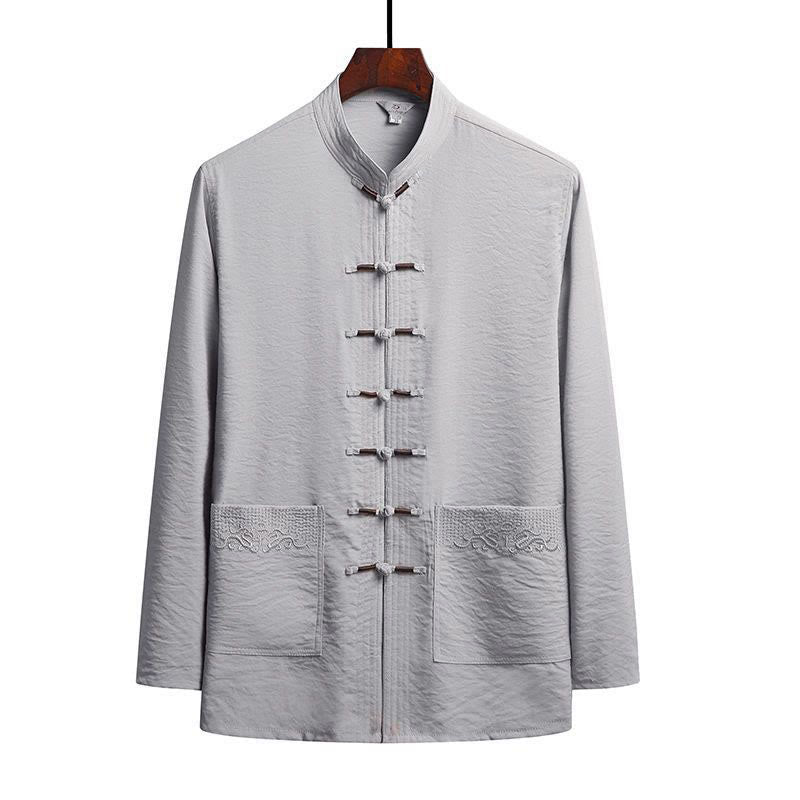 Nimara Ritual 2Pcs Plain Tang Suit Men's Frog-Button Long Sleeve Shirt Pants Set