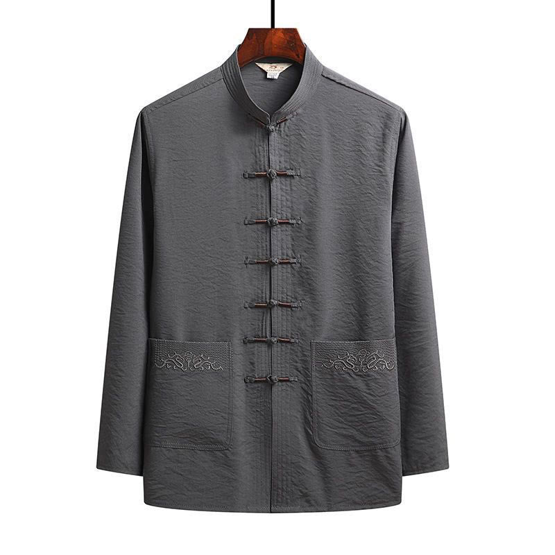 Nimara Ritual 2Pcs Plain Tang Suit Men's Frog-Button Long Sleeve Shirt Pants Set