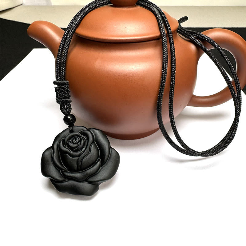 Nimara Ritual Black Obsidian String Black Rose Purification Necklace Pendant