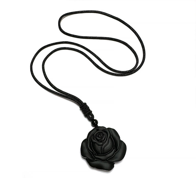 Nimara Ritual Black Obsidian String Black Rose Purification Necklace Pendant