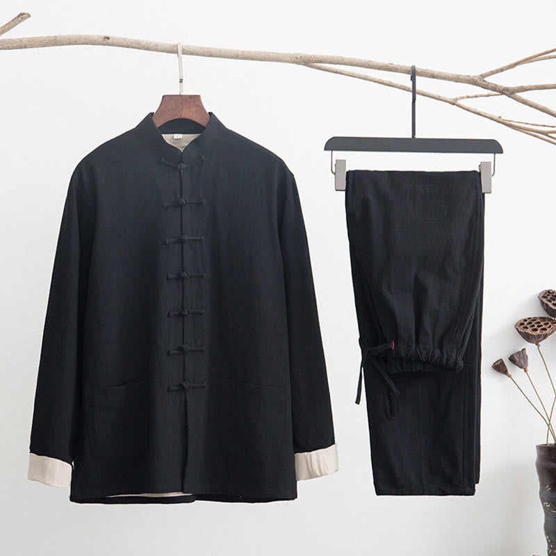 Nimara Ritual 2Pcs Zen Tang Suit Men's Linen Frog-Button Long Sleeve Shirt Pants Set