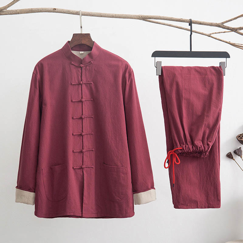 Nimara Ritual 2Pcs Zen Tang Suit Men's Linen Frog-Button Long Sleeve Shirt Pants Set
