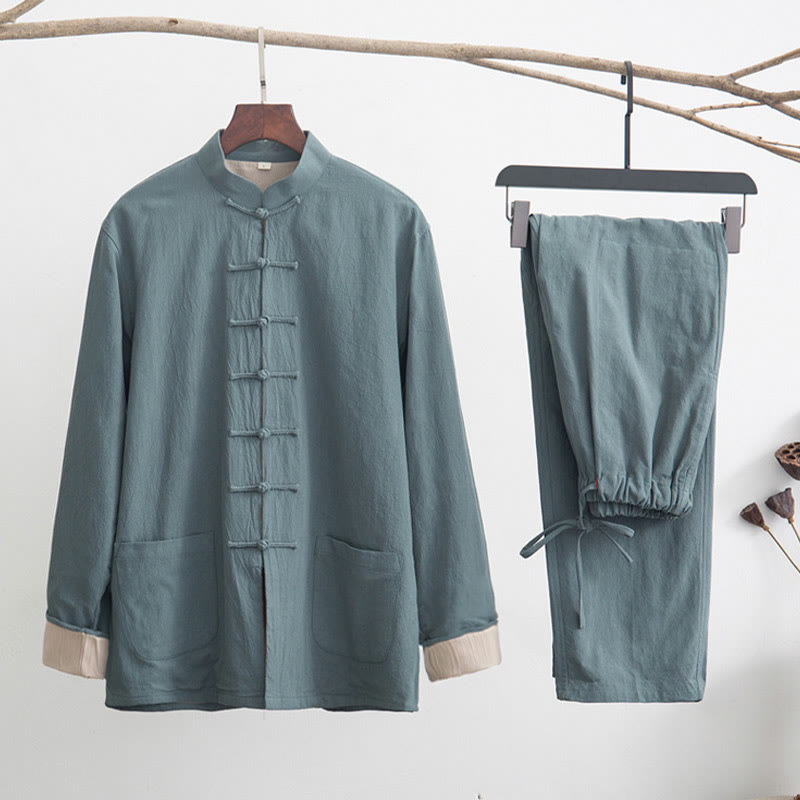 Nimara Ritual 2Pcs Zen Tang Suit Men's Linen Frog-Button Long Sleeve Shirt Pants Set