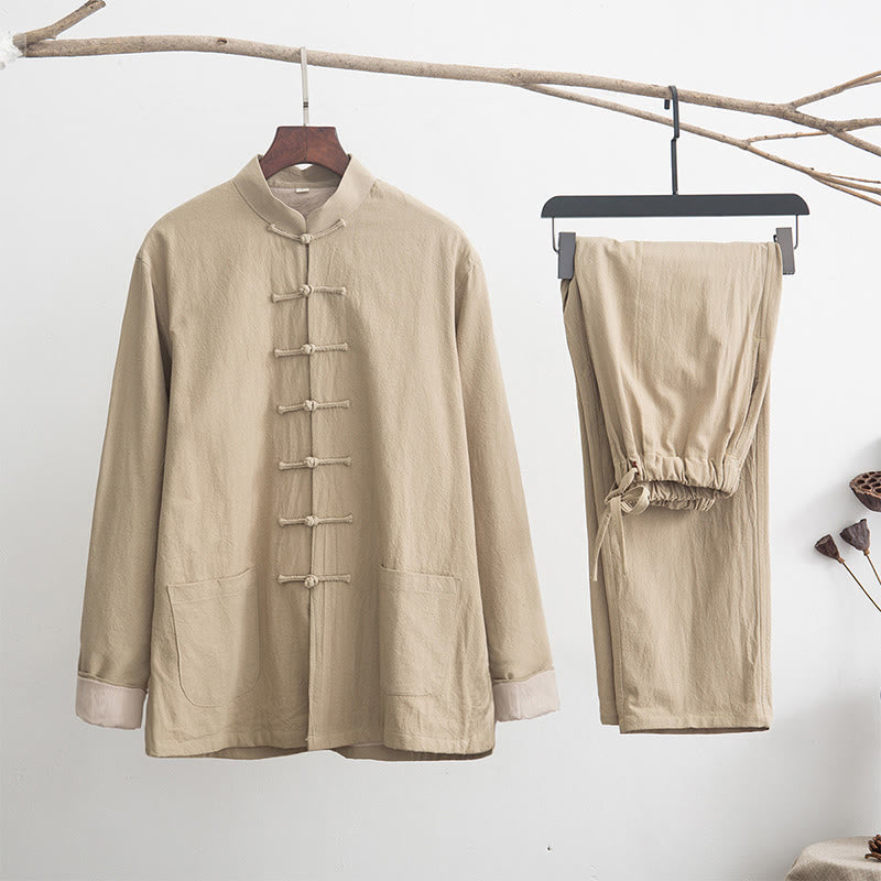 Nimara Ritual 2Pcs Zen Tang Suit Men's Linen Frog-Button Long Sleeve Shirt Pants Set
