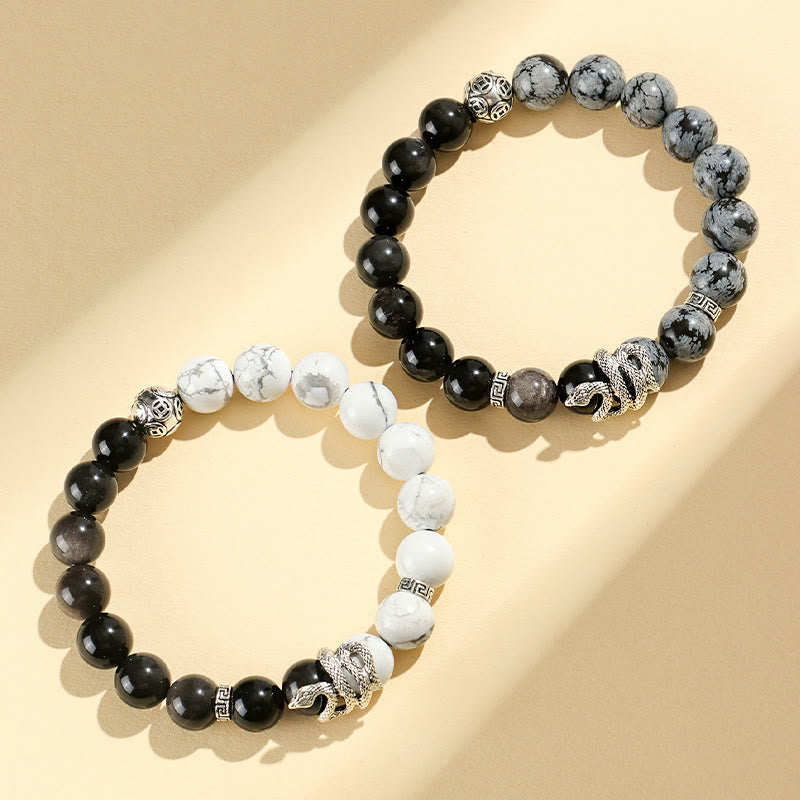 Nimara Ritual Natural Silver Sheen Obsidian White Turquoise Grey Jasper Snowflake Obsidian Year Of The Snake Protection Bracelet
