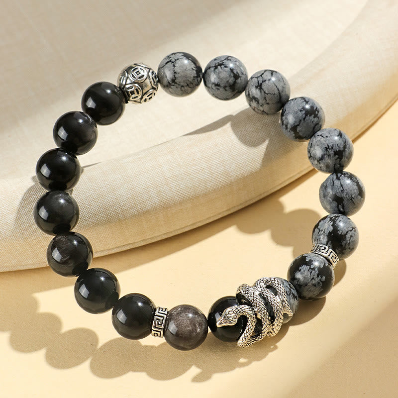 Nimara Ritual Natural Silver Sheen Obsidian White Turquoise Grey Jasper Snowflake Obsidian Year Of The Snake Protection Bracelet