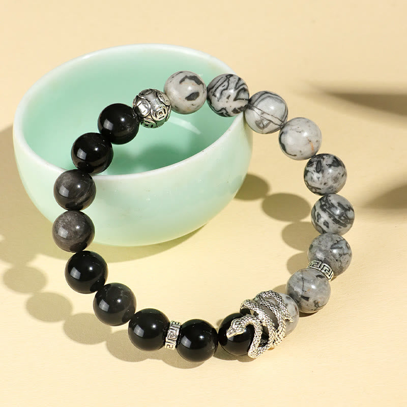 Nimara Ritual Natural Silver Sheen Obsidian White Turquoise Grey Jasper Snowflake Obsidian Year Of The Snake Protection Bracelet