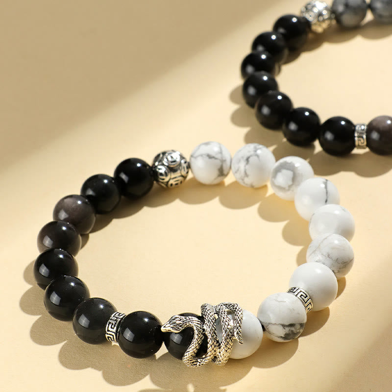 Nimara Ritual Natural Silver Sheen Obsidian White Turquoise Grey Jasper Snowflake Obsidian Year Of The Snake Protection Bracelet