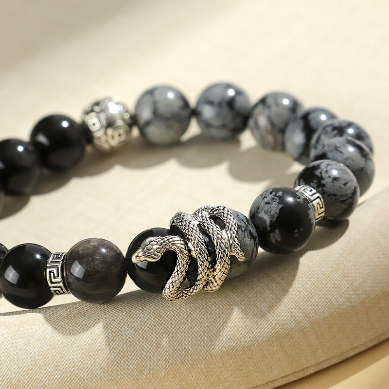 Nimara Ritual Natural Silver Sheen Obsidian White Turquoise Grey Jasper Snowflake Obsidian Year Of The Snake Protection Bracelet