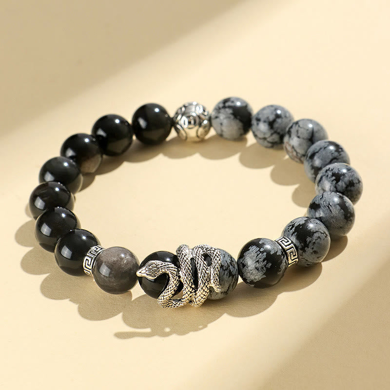 Nimara Ritual Natural Silver Sheen Obsidian White Turquoise Grey Jasper Snowflake Obsidian Year Of The Snake Protection Bracelet
