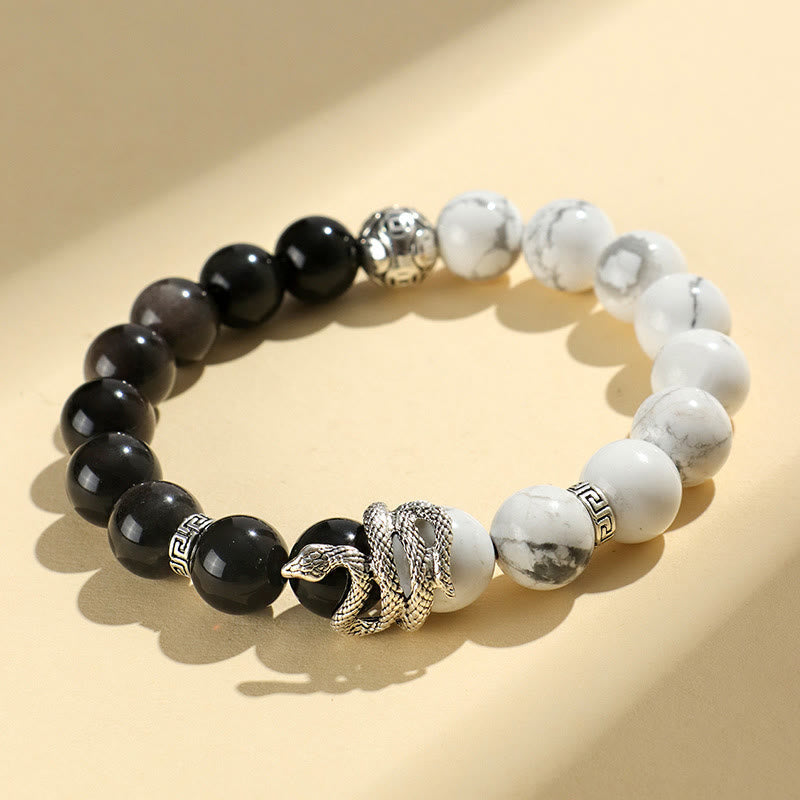 Nimara Ritual Natural Silver Sheen Obsidian White Turquoise Grey Jasper Snowflake Obsidian Year Of The Snake Protection Bracelet