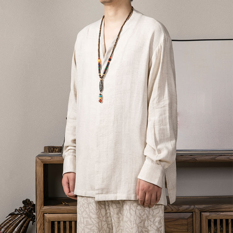 Nimara Ritual V-Neck Men's Linen Long Sleeve Shirt Zen Clothing