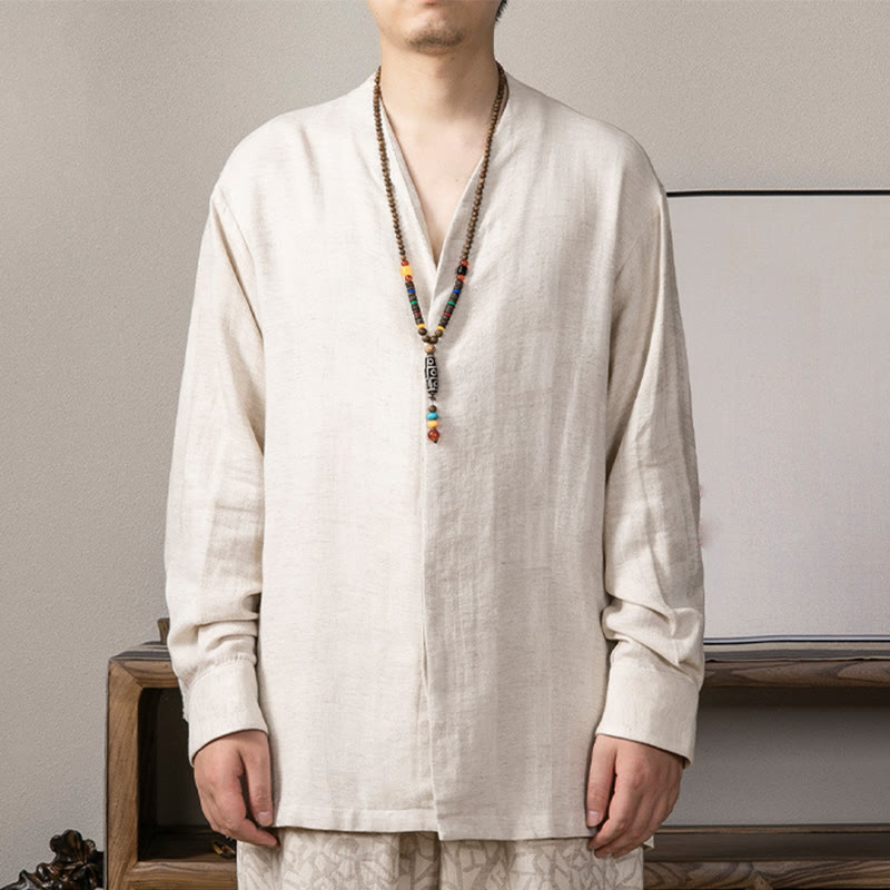 Nimara Ritual V-Neck Men's Linen Long Sleeve Shirt Zen Clothing