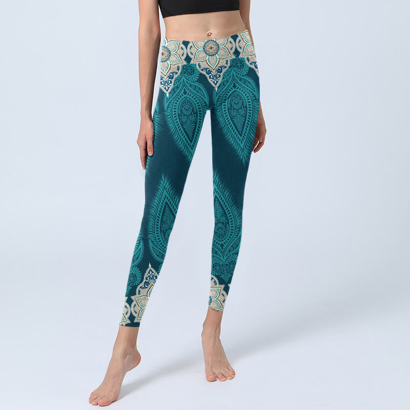 Nimara Ritual Green Feather Flower Print Gym Fitness Leggings Women's Yoga Pants