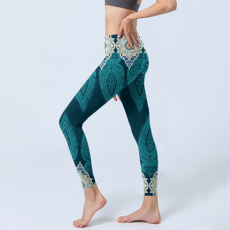 Nimara Ritual Green Feather Flower Print Gym Fitness Leggings Women's Yoga Pants
