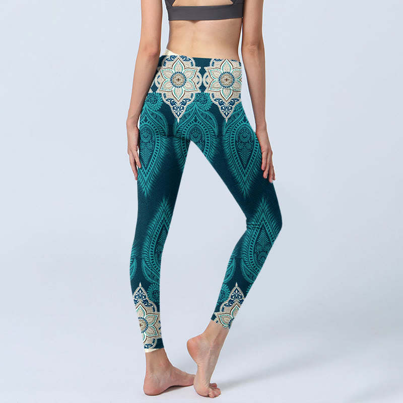 Nimara Ritual Green Feather Flower Print Gym Fitness Leggings Women's Yoga Pants