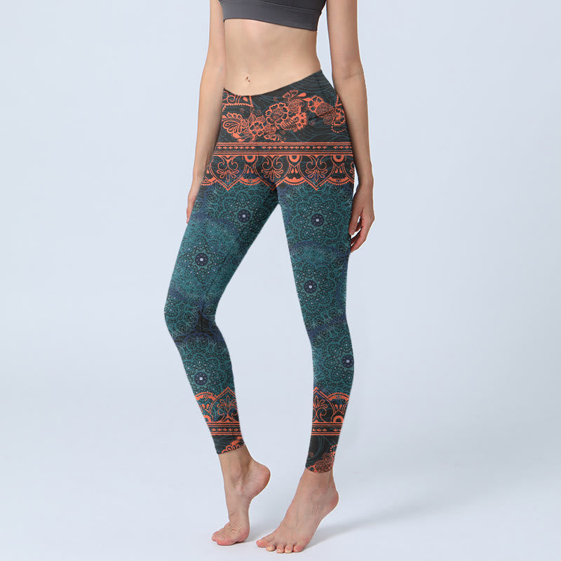 Nimara Ritual Green Mandala Flower Print Gym Fitness Leggings Women's Yoga Pants