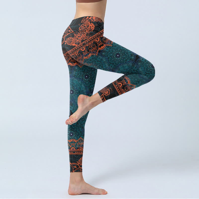 Nimara Ritual Green Mandala Flower Print Gym Fitness Leggings Women's Yoga Pants