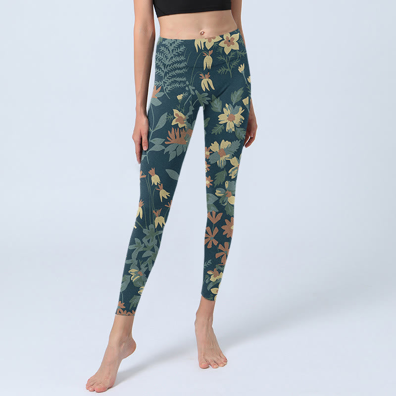 Nimara Ritual Casual Daisy Flowers Leaves Print Gym Fitness Leggings Women's Yoga Pants