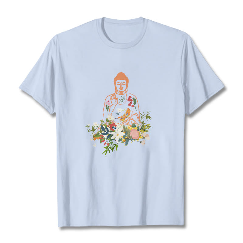 Nimara Ritual Meditating Buddha Blooming Flowers Pattern Tee T-shirt
