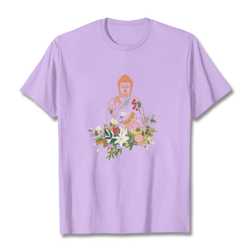 Nimara Ritual Meditating Buddha Blooming Flowers Pattern Tee T-shirt