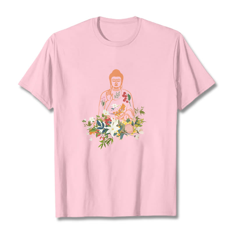 Nimara Ritual Meditating Buddha Blooming Flowers Pattern Tee T-shirt