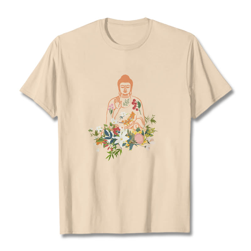 Nimara Ritual Meditating Buddha Blooming Flowers Pattern Tee T-shirt