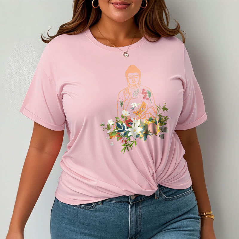 Nimara Ritual Meditating Buddha Blooming Flowers Pattern Tee T-shirt