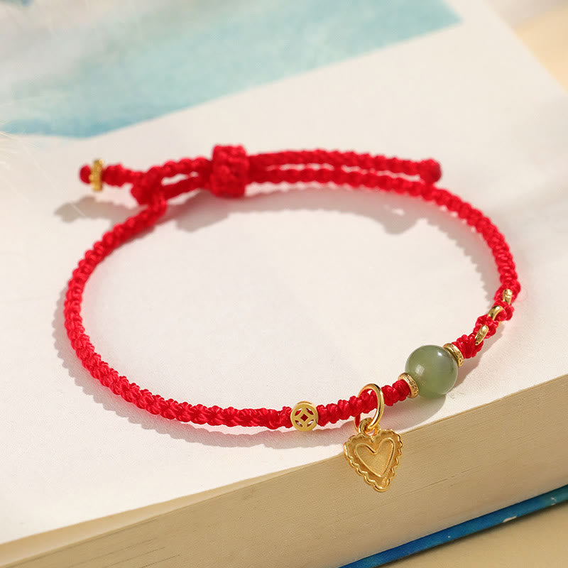 Nimara Ritual 925 Sterling Silver Hetian Jade Bead Copper Coin Love Heart Charm Luck Bracelet