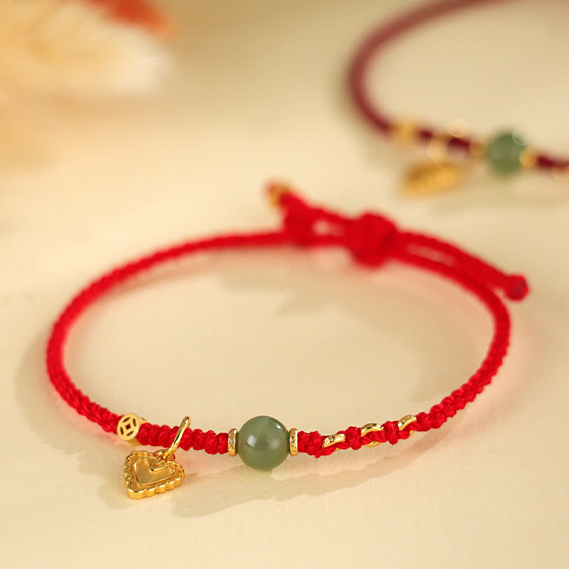 Nimara Ritual 925 Sterling Silver Hetian Jade Bead Copper Coin Love Heart Charm Luck Bracelet