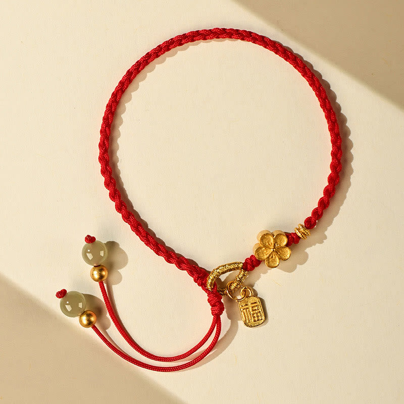 Nimara Ritual Hetian Jade Small Peach Blossom Fu Character Charm Luck String Bracelet