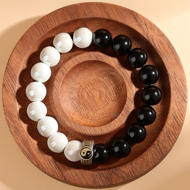 Nimara Ritual Black Obsidian White Porcelain Beads Yin Yang Fulfilment Bracelet